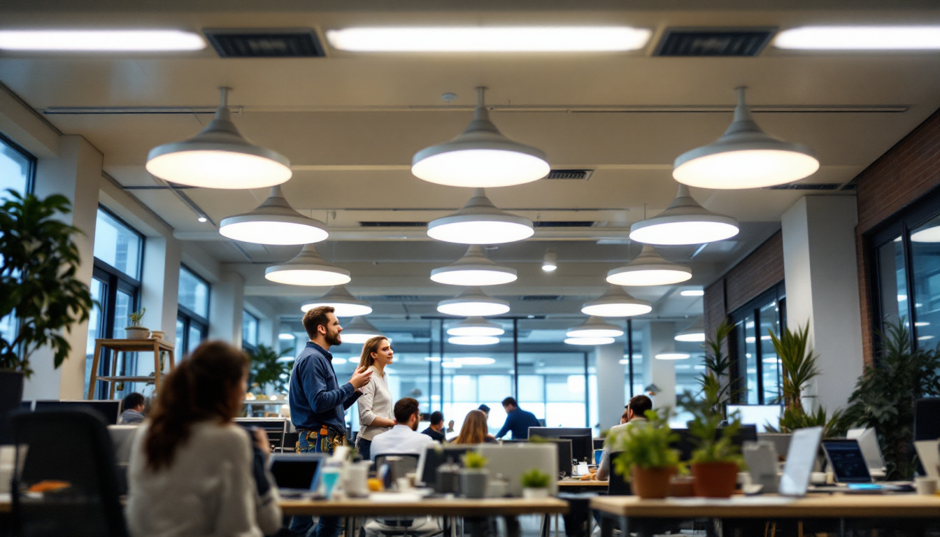 A photograph of a well-lit office space featuring modern led ceiling light fixtures