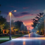 A photograph of a beautifully illuminated outdoor space featuring various styles of light poles in use