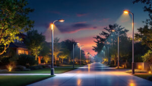 A photograph of a beautifully illuminated outdoor space featuring various styles of light poles in use