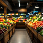 A photograph of a well-lit grocery produce section showcasing vibrant fruits and vegetables