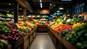 A photograph of a well-lit grocery produce section showcasing vibrant fruits and vegetables