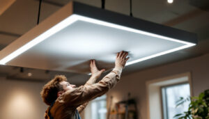 A photograph of a lighting contractor installing or adjusting flat panel led lights in a modern commercial or residential space