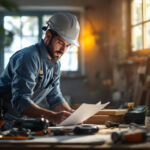 A photograph of a lighting contractor inspecting a well-lit workspace