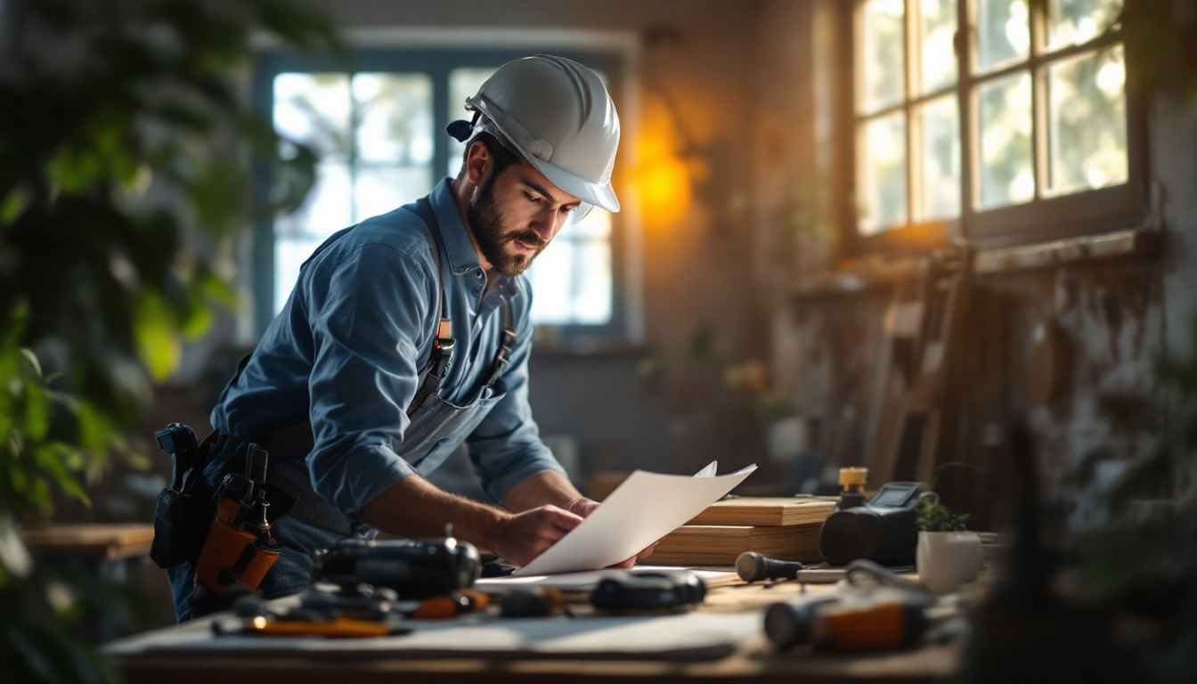 A photograph of a lighting contractor inspecting a well-lit workspace