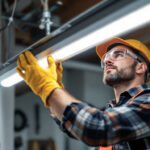 A photograph of capture a photograph of a skilled lighting contractor expertly replacing a fluorescent light fixture in a well-lit workspace