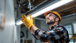 A photograph of capture a photograph of a skilled lighting contractor expertly replacing a fluorescent light fixture in a well-lit workspace