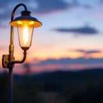 A photograph of a dusk-to-dawn light fixture illuminated in a serene outdoor setting during twilight