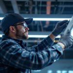 A photograph of a lighting contractor installing or inspecting led t8 fixtures in a commercial setting