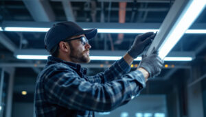 A photograph of a lighting contractor installing or inspecting led t8 fixtures in a commercial setting