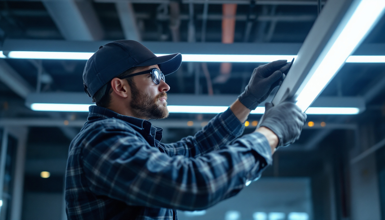 A photograph of a lighting contractor installing or inspecting led t8 fixtures in a commercial setting