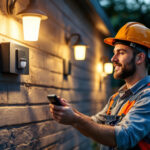 A photograph of a lighting contractor installing a photoelectric sensor outdoors