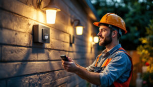 A photograph of a lighting contractor installing a photoelectric sensor outdoors