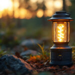A photograph of a solar camp lamp in a natural outdoor setting