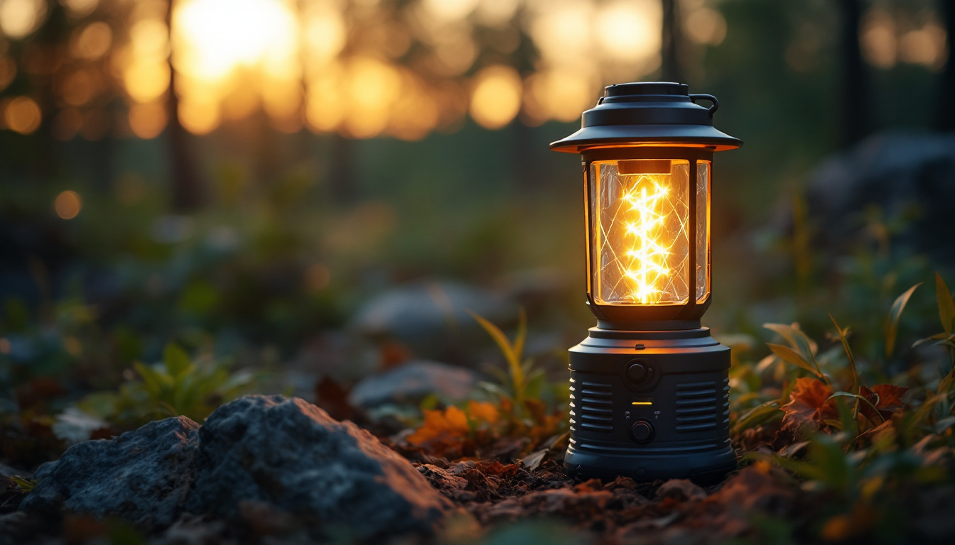 A photograph of a solar camp lamp in a natural outdoor setting
