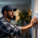 A photograph of a skilled lighting contractor installing an automatic light switch in a modern home setting