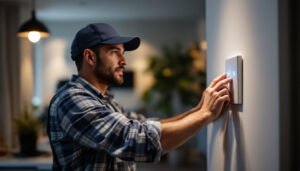 A photograph of a skilled lighting contractor installing an automatic light switch in a modern home setting