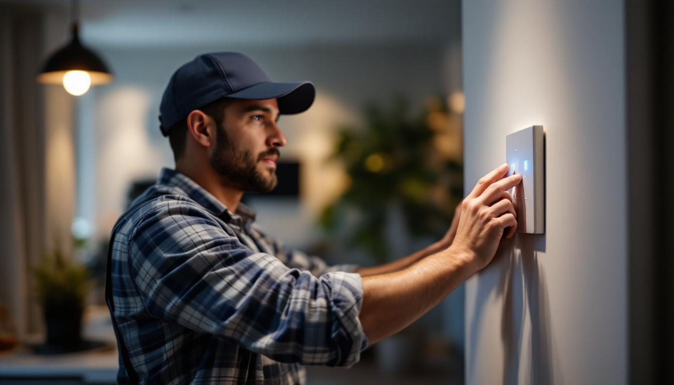 A photograph of a skilled lighting contractor installing an automatic light switch in a modern home setting