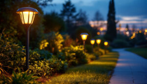A photograph of a beautifully illuminated outdoor path featuring solar-powered lights