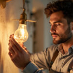 A photograph of a skilled lighting contractor expertly installing or adjusting a modern led bulb in a stylish