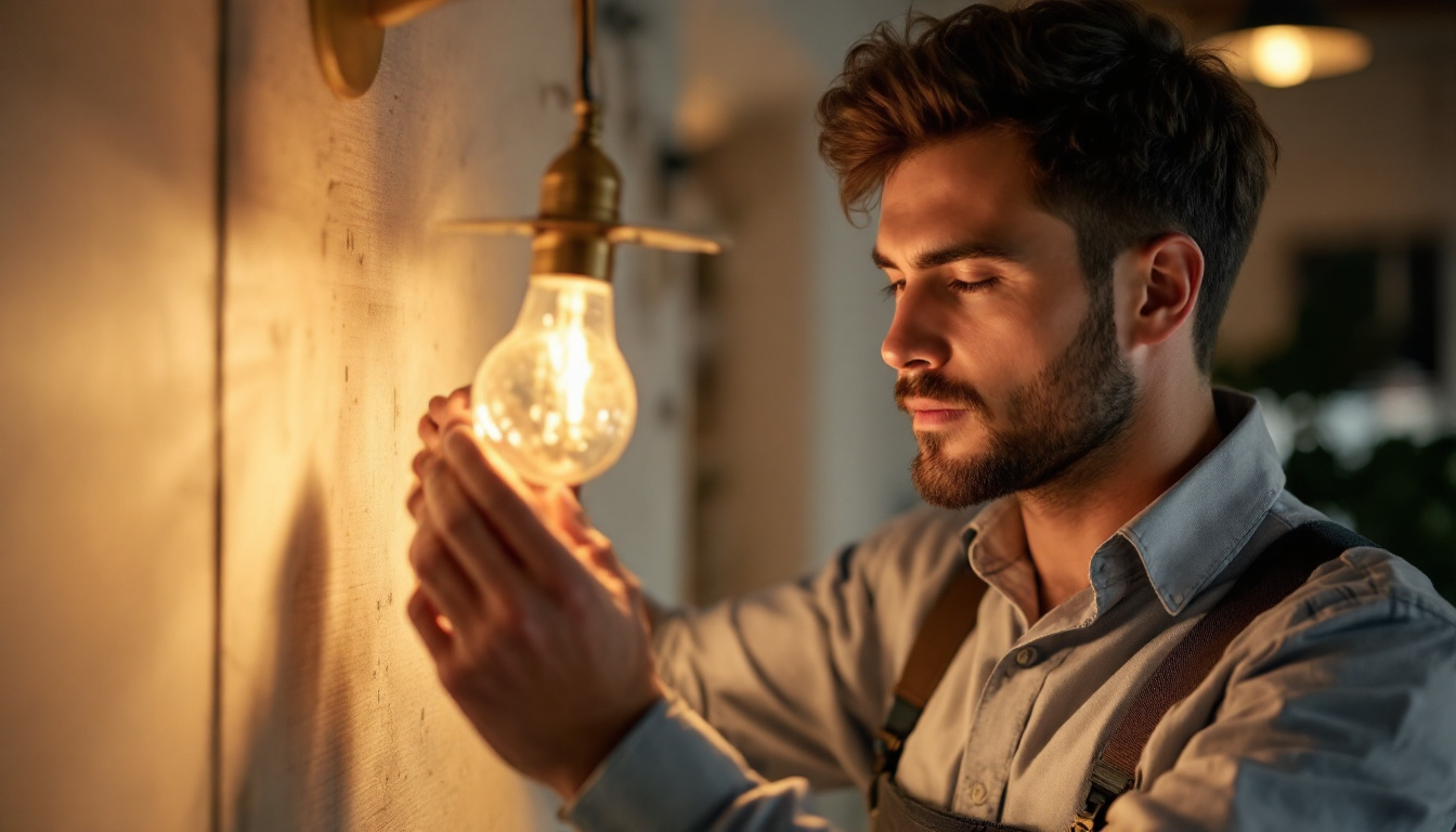 A photograph of a skilled lighting contractor expertly installing or adjusting a modern led bulb in a stylish