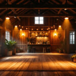 A photograph of a well-lit barn interior showcasing various styles of led barn lights in use