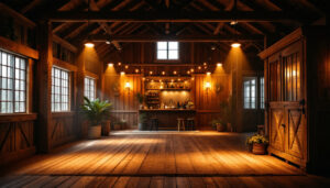 A photograph of a well-lit barn interior showcasing various styles of led barn lights in use