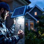 A photograph of a lighting contractor installing a motion sensor solar flood light in a residential outdoor setting