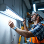 A photograph of a lighting contractor expertly installing a t5 led tube light in a modern workspace