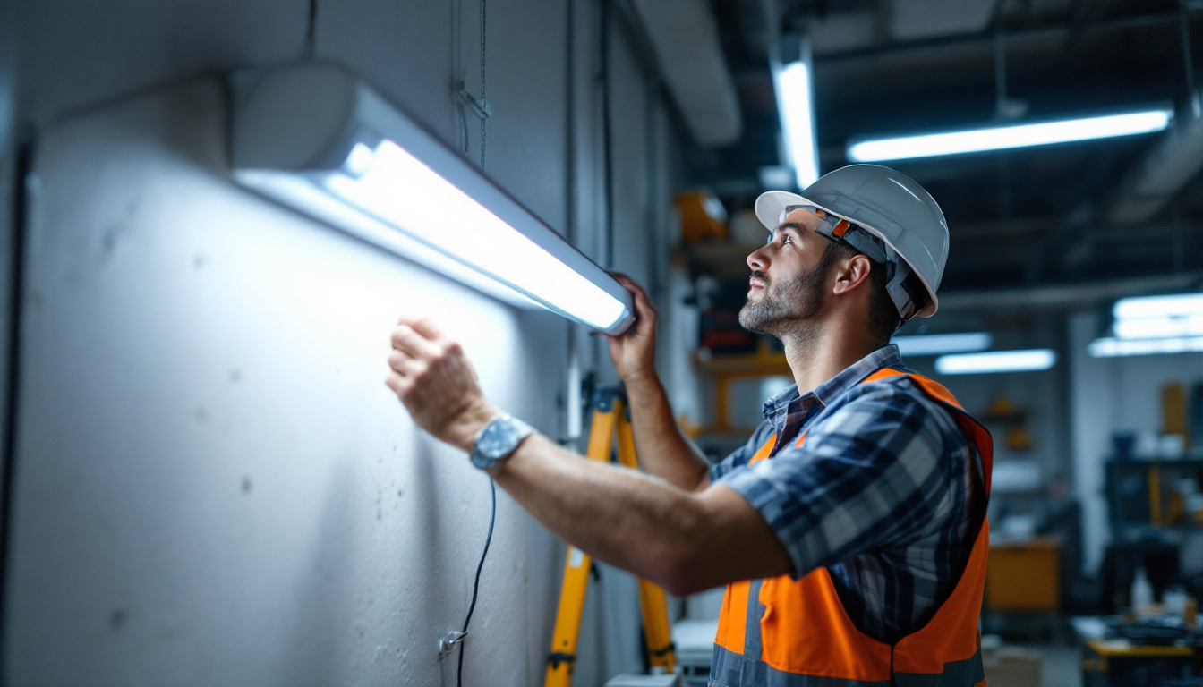 A photograph of a lighting contractor expertly installing a t5 led tube light in a modern workspace