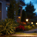 A photograph of a well-lit outdoor space featuring various styles of solar-powered lights illuminating a garden or pathway at dusk