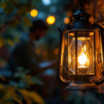 A photograph of an antique gas lantern beautifully illuminated in a cozy outdoor setting