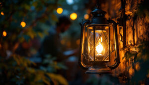A photograph of an antique gas lantern beautifully illuminated in a cozy outdoor setting