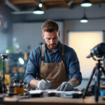 A photograph of a skilled lighting contractor at work