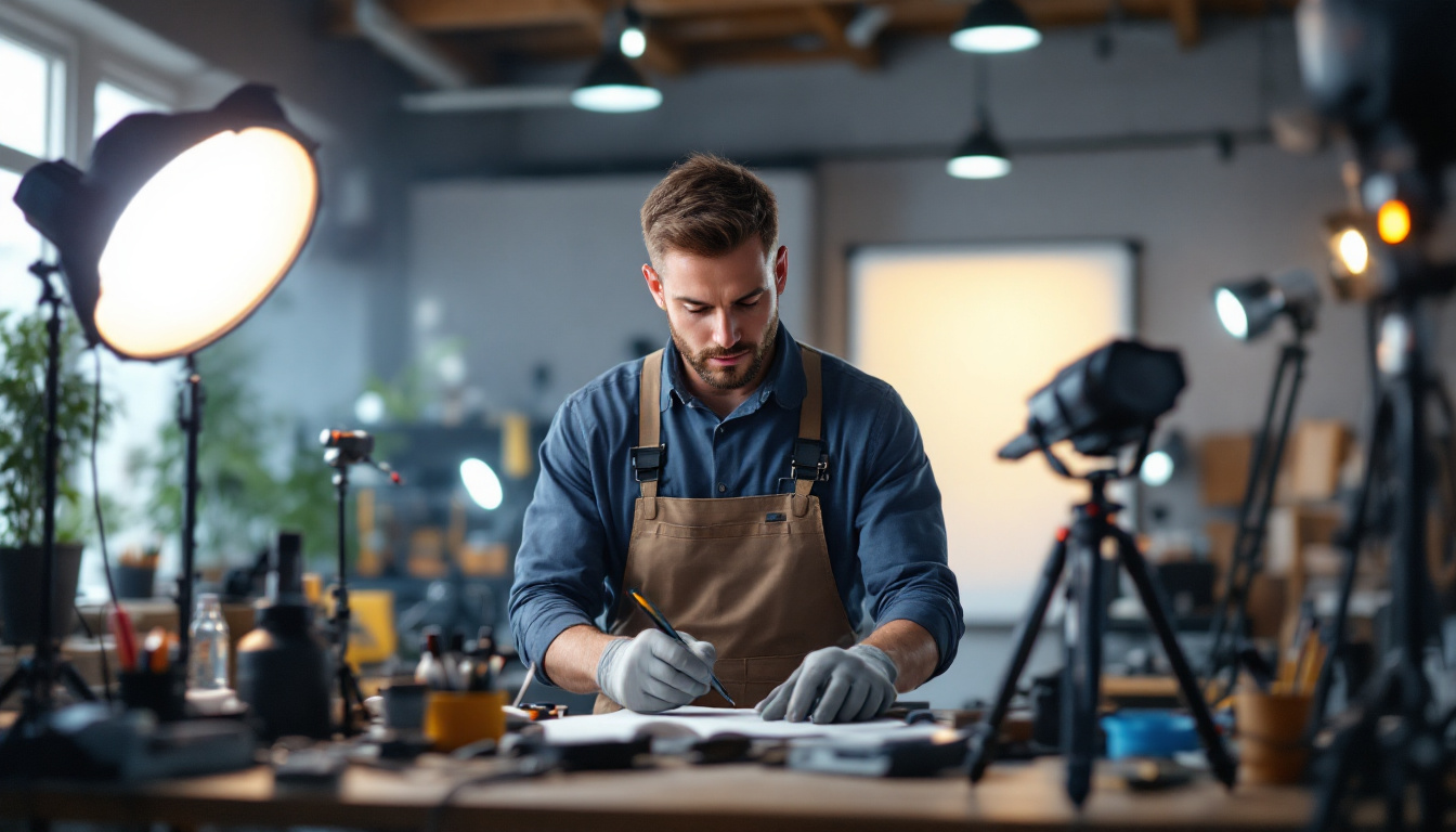 A photograph of a skilled lighting contractor at work