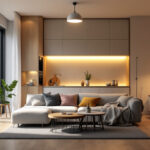 A photograph of a well-lit modern home interior showcasing various led lighting fixtures in use