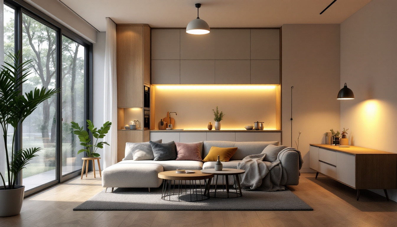 A photograph of a well-lit modern home interior showcasing various led lighting fixtures in use