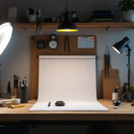 A photograph of a well-organized workspace featuring various ufo shop lights in different settings