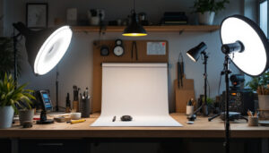 A photograph of a well-organized workspace featuring various ufo shop lights in different settings