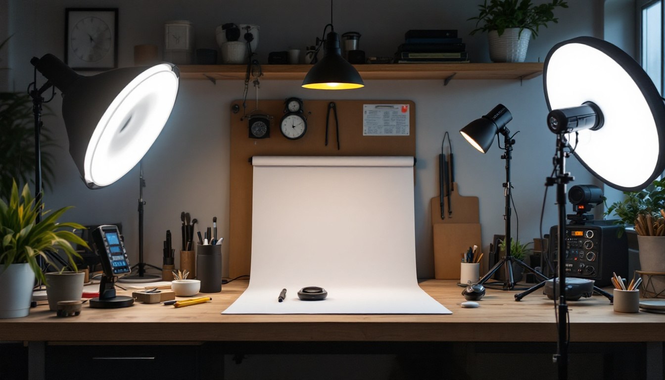 A photograph of a well-organized workspace featuring various ufo shop lights in different settings