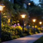 A photograph of a well-lit outdoor setting featuring solar lights installed on posts