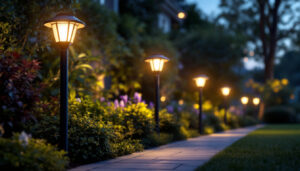 A photograph of a well-lit outdoor setting featuring solar lights installed on posts
