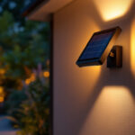 A photograph of a beautifully illuminated outdoor space featuring a stylish solar lighting wall mount