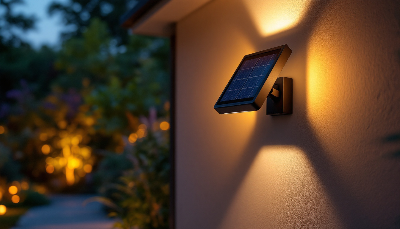 A photograph of a beautifully illuminated outdoor space featuring a stylish solar lighting wall mount