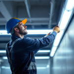 A photograph of a lighting contractor installing long led fixtures in a commercial space