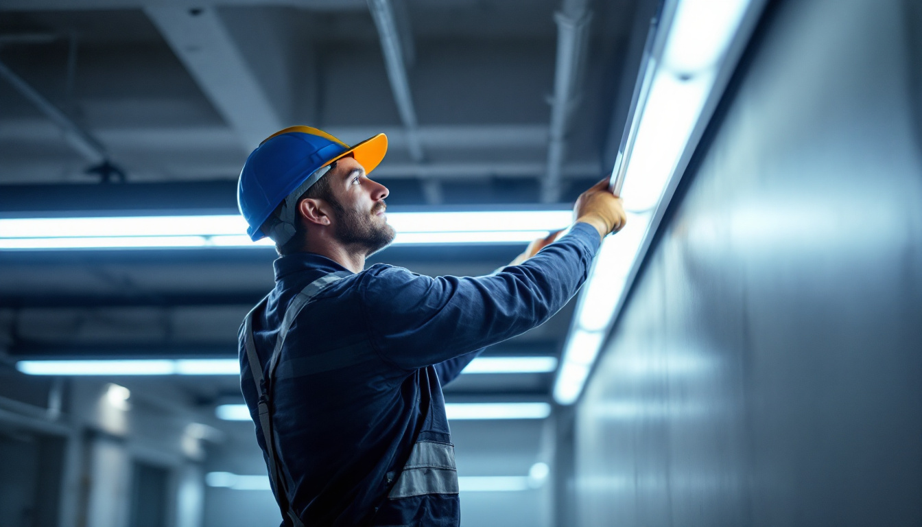 A photograph of a lighting contractor installing long led fixtures in a commercial space