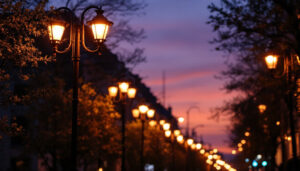 A photograph of a well-lit urban street scene featuring various lamp poles at dusk