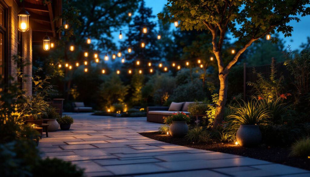 A photograph of a beautifully lit patio at dusk