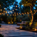 A photograph of a beautifully lit patio at dusk