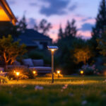 A photograph of a beautifully illuminated outdoor space featuring a solar power yard light in action