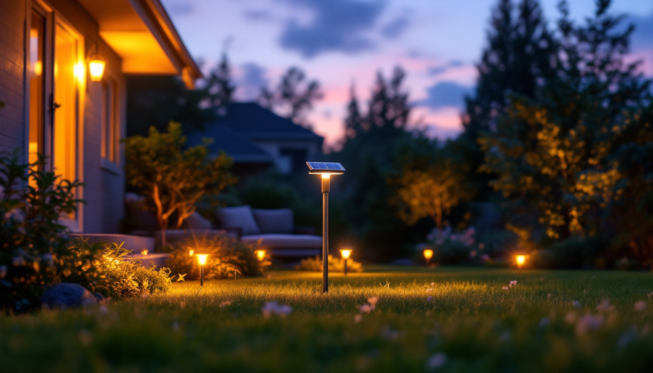 A photograph of a beautifully illuminated outdoor space featuring a solar power yard light in action